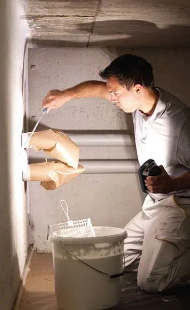 Майстор осветява тясно, тъмно помещение с работната лампа Festool в едната ръка и с инструмент в другата.